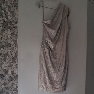 Eliza J Dress Midi Women's Size 12 Gold Metallic Off Shoulder Formal Bedazzled